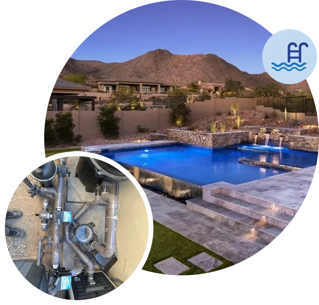 A pool with a view of the mountains and water.