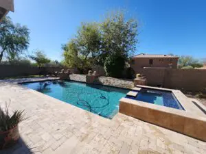 A pool with a hot tub and a tree in the background.