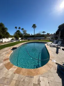 A pool with a blue water and palm trees