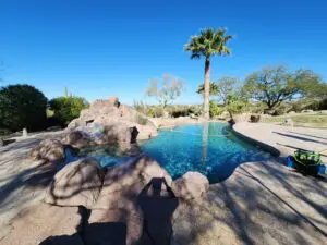 A pool with rocks and palm trees in the background.