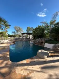 A pool with a rock wall and palm trees in the background.